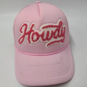 Women Howdy Hat Snapback Trucker Mesh Pink White Rope Script Logo Chenille Patch